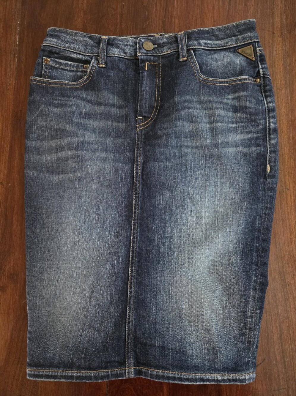 Replay Denim Flirty Stretch Pencil Skirt Knee Length W/Ruffle Back  Womens 27